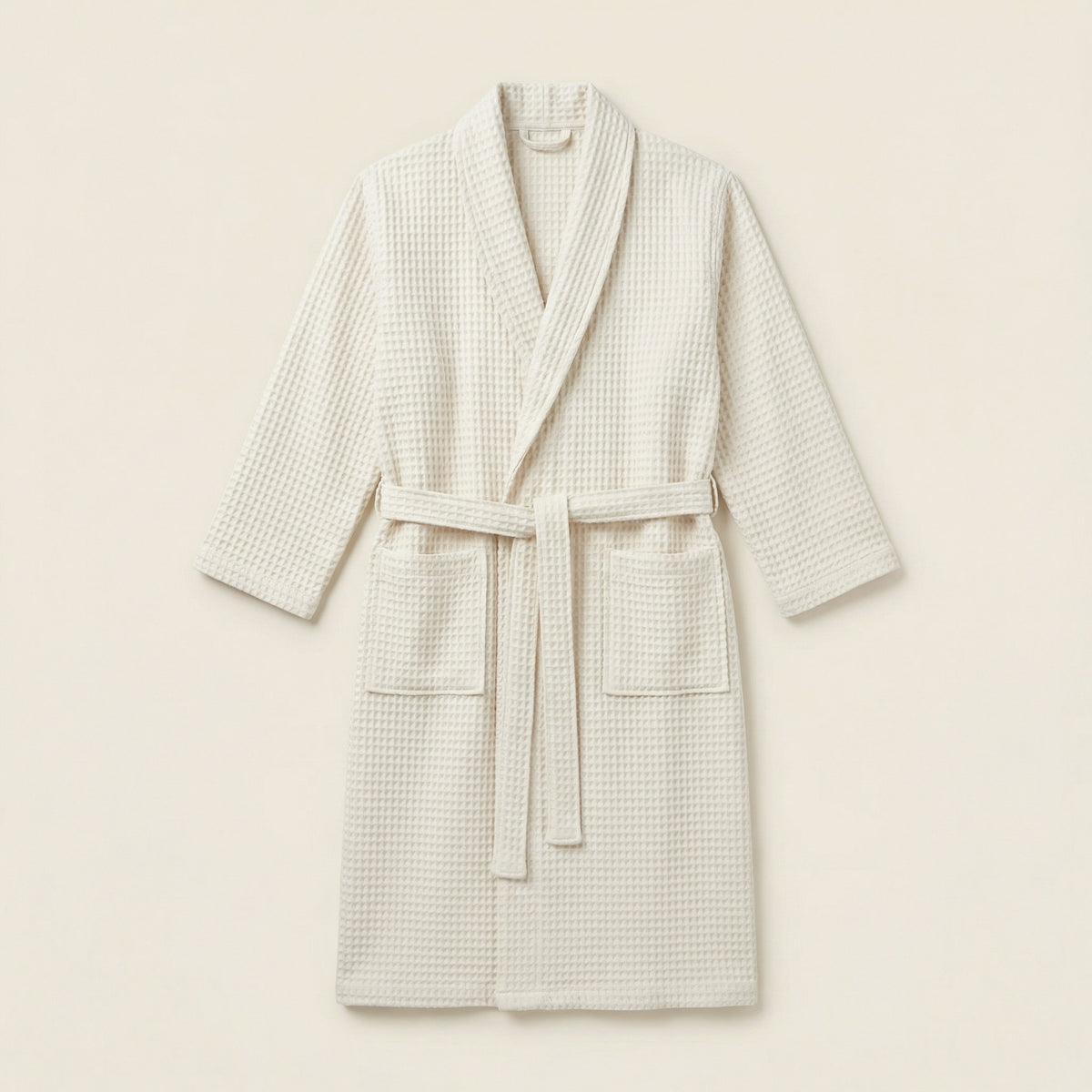 Peignoir Kimono Long en Coton Mélangé Nid d’Abeille Col Châle