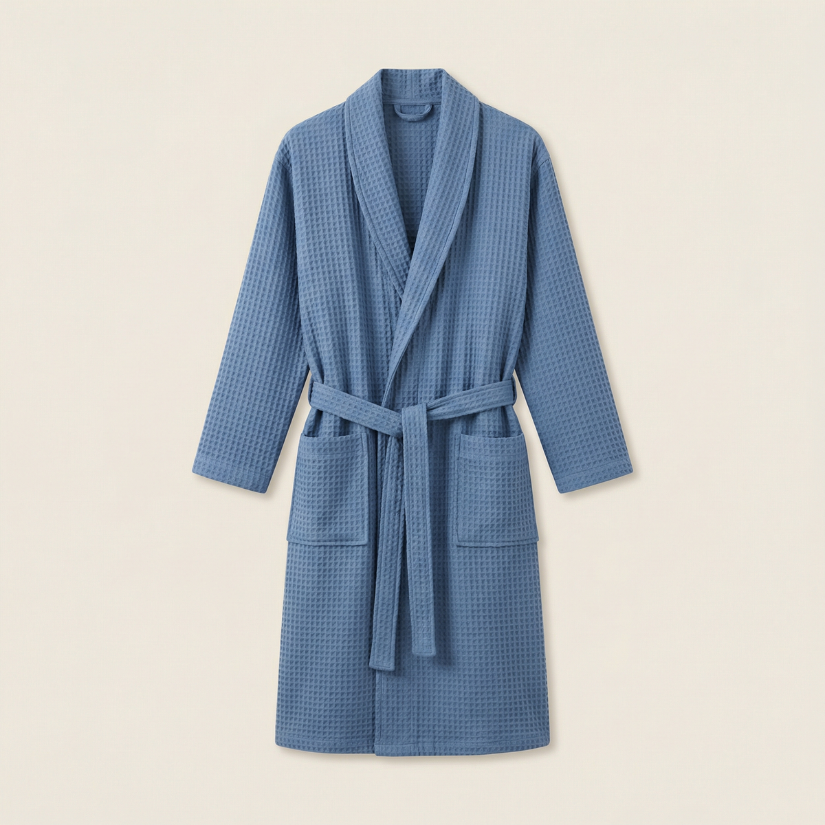 Peignoir Kimono Long en Coton Mélangé Nid d’Abeille Col Châle