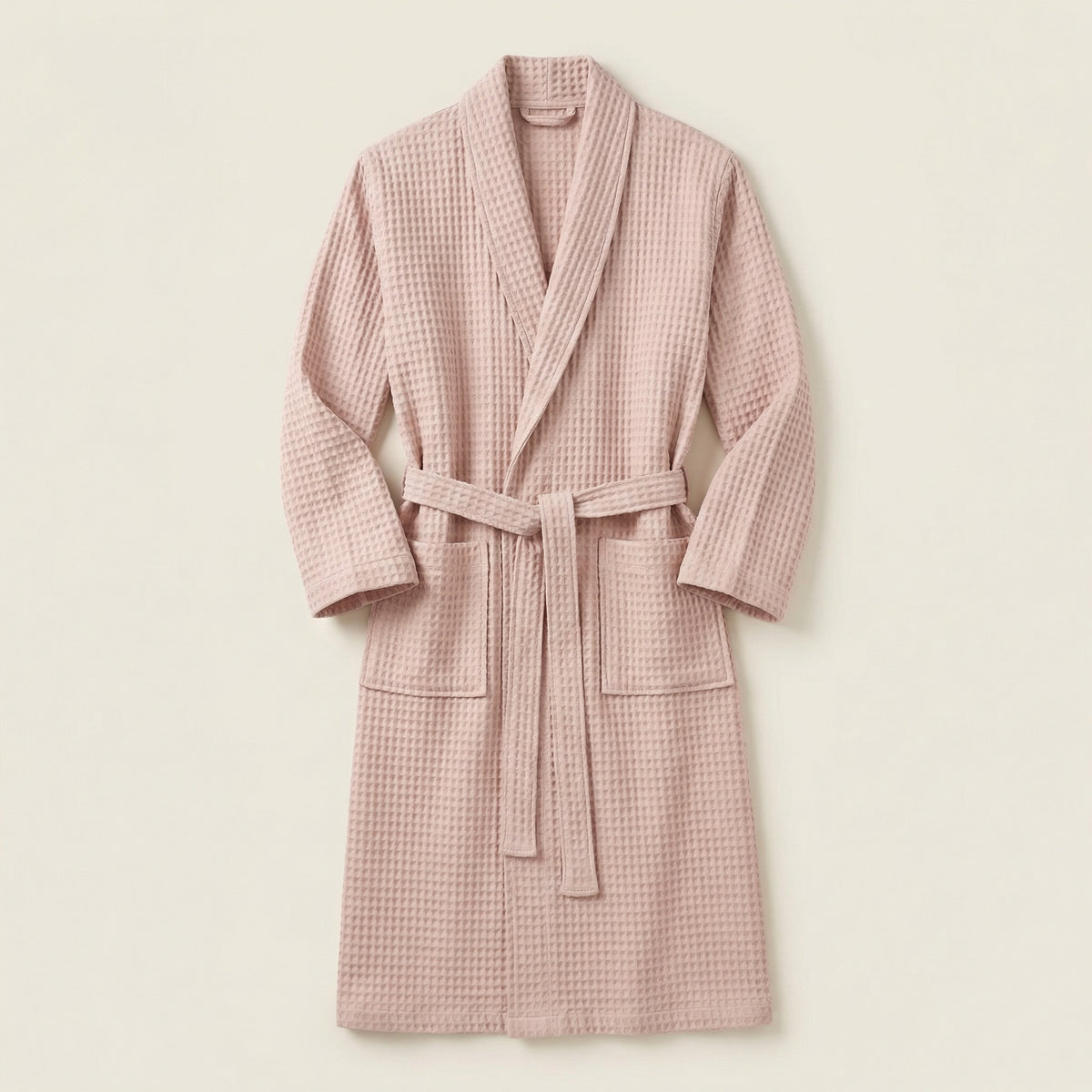 Peignoir Kimono Long en Coton Mélangé Nid d’Abeille Col Châle