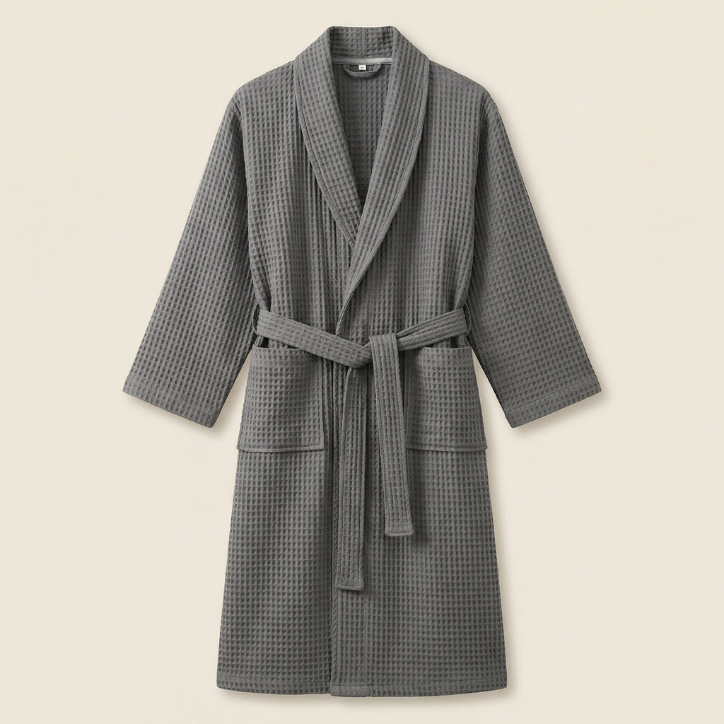 Peignoir Kimono Long en Coton Mélangé Nid d’Abeille Col Châle
