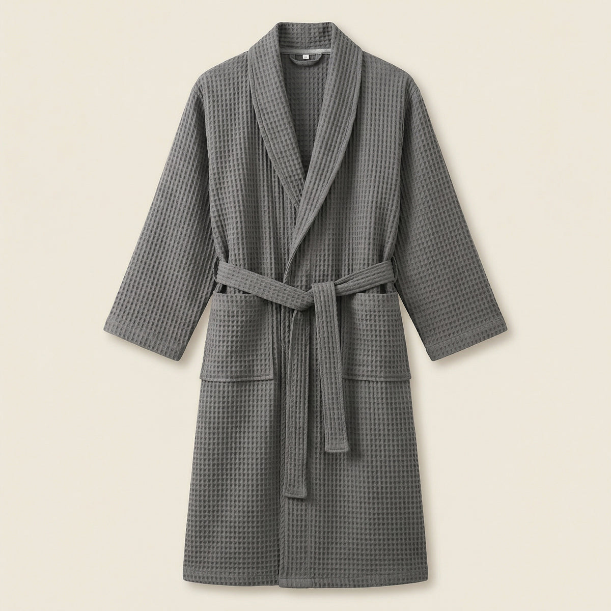 Peignoir Kimono Long en Coton Mélangé Nid d’Abeille Col Châle