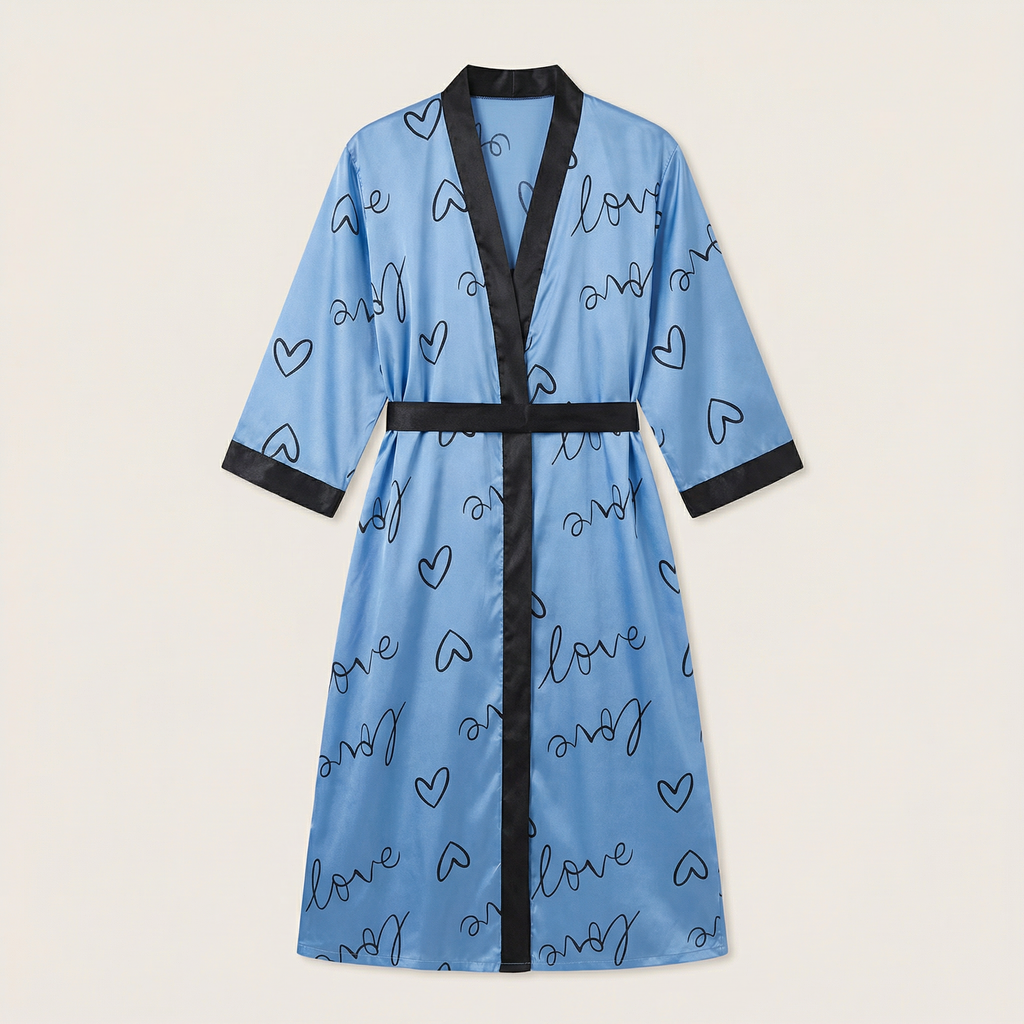 Peignoir Kimono Long Femme en Satin Imprimé Cœurs Grande Taille