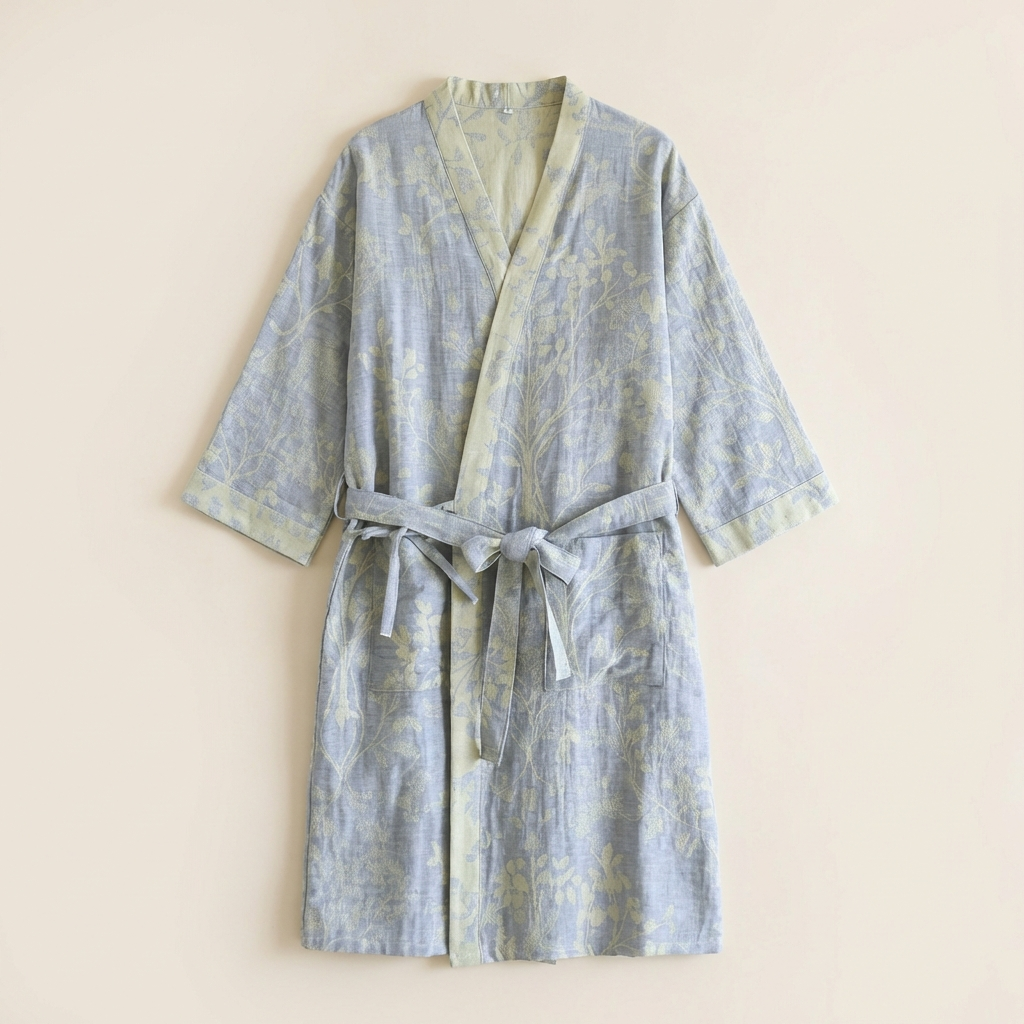 Peignoir Kimono Femme en Coton Léger Brodé Fleuri