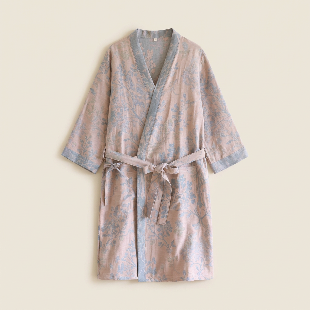 Peignoir Kimono Femme en Coton Léger Brodé Fleuri