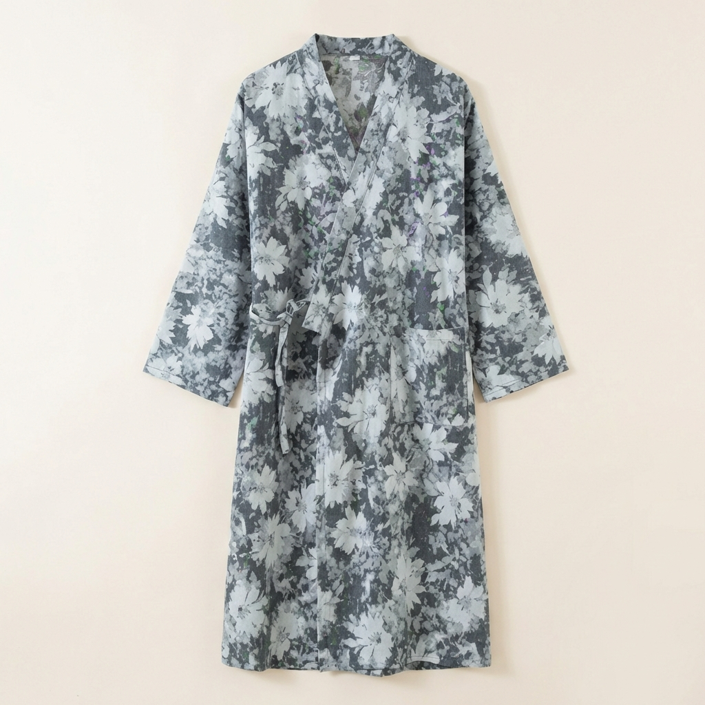 Peignoir Femme Coton Léger Motif Floral Coupe Kimono Mi-Long