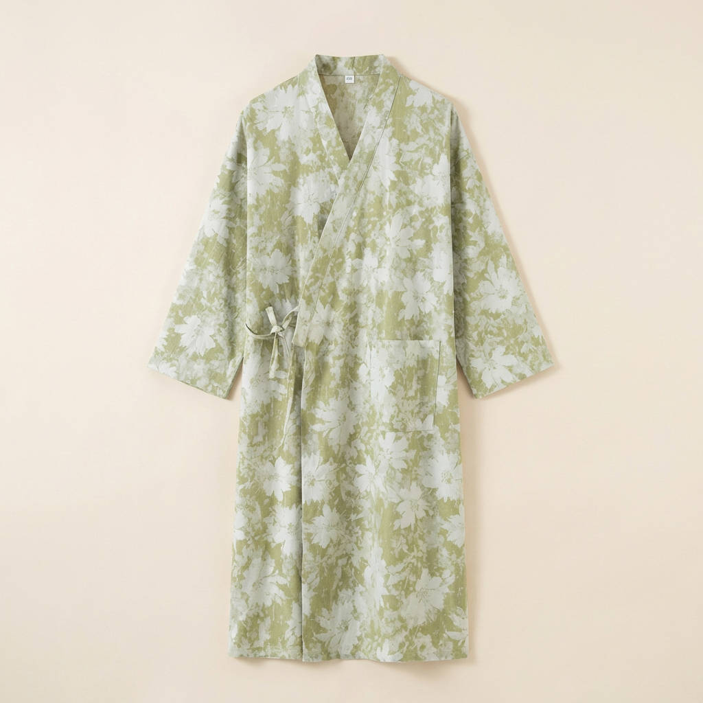 Peignoir Femme Coton Léger Motif Floral Coupe Kimono Mi-Long