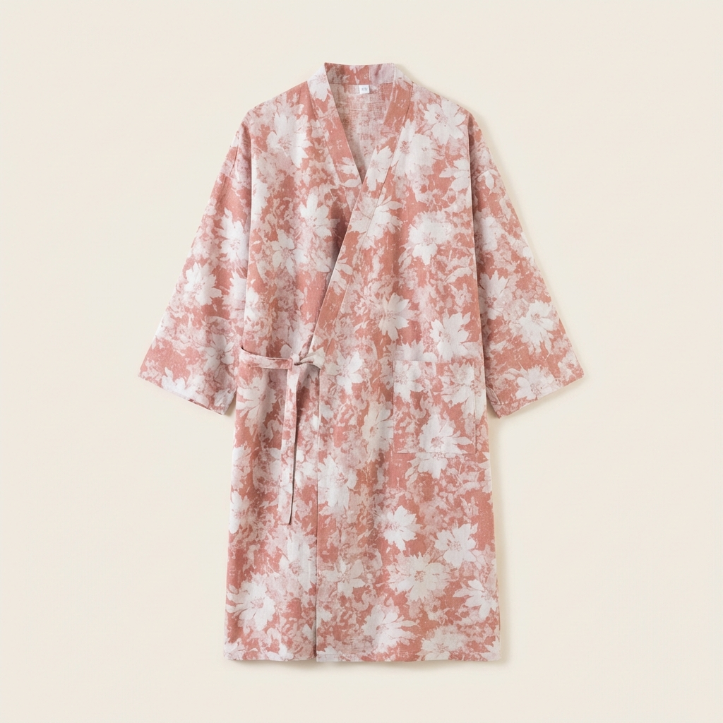 Peignoir Femme Coton Léger Motif Floral Coupe Kimono Mi-Long