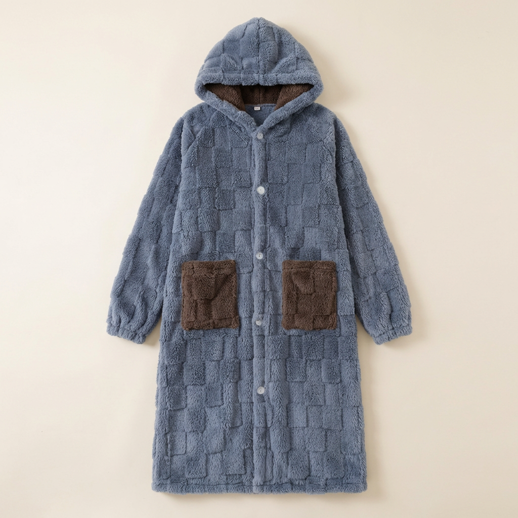 Peignoir Polaire Épais à Boutons avec Capuche Modèle Hiver