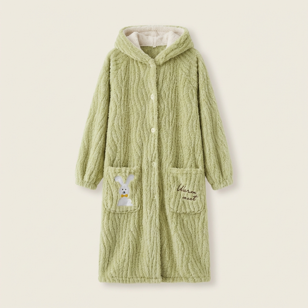 Peignoir Polaire Long À Capuche Boutonné Poches Patch Lapin