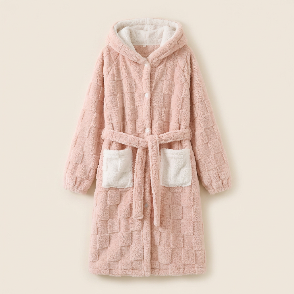 Peignoir Polaire à Boutons Long & Chaud avec Capuche