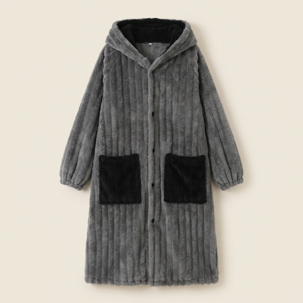 Peignoir Polaire Long à Capuche Boutonné & Ultra Chaud