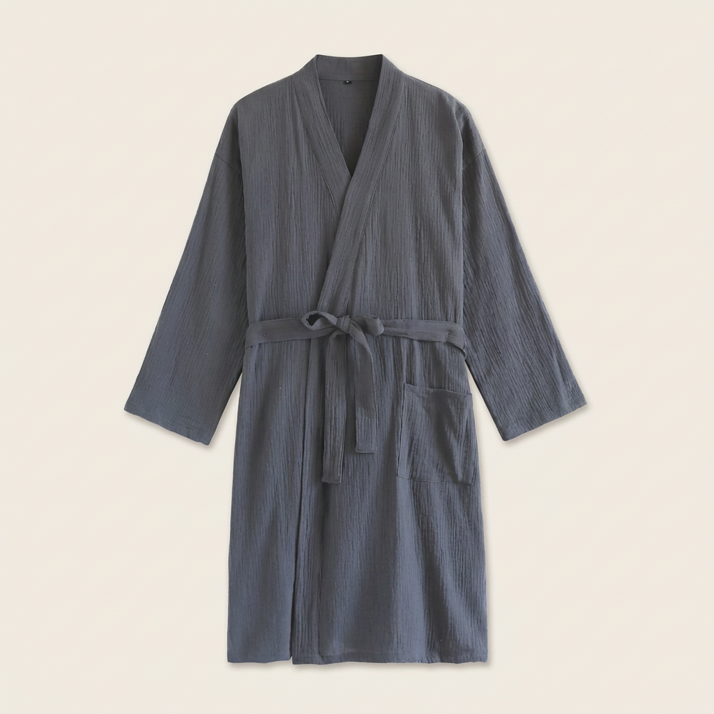Peignoir Homme Coton Gaufré Coupe Kimono Gris