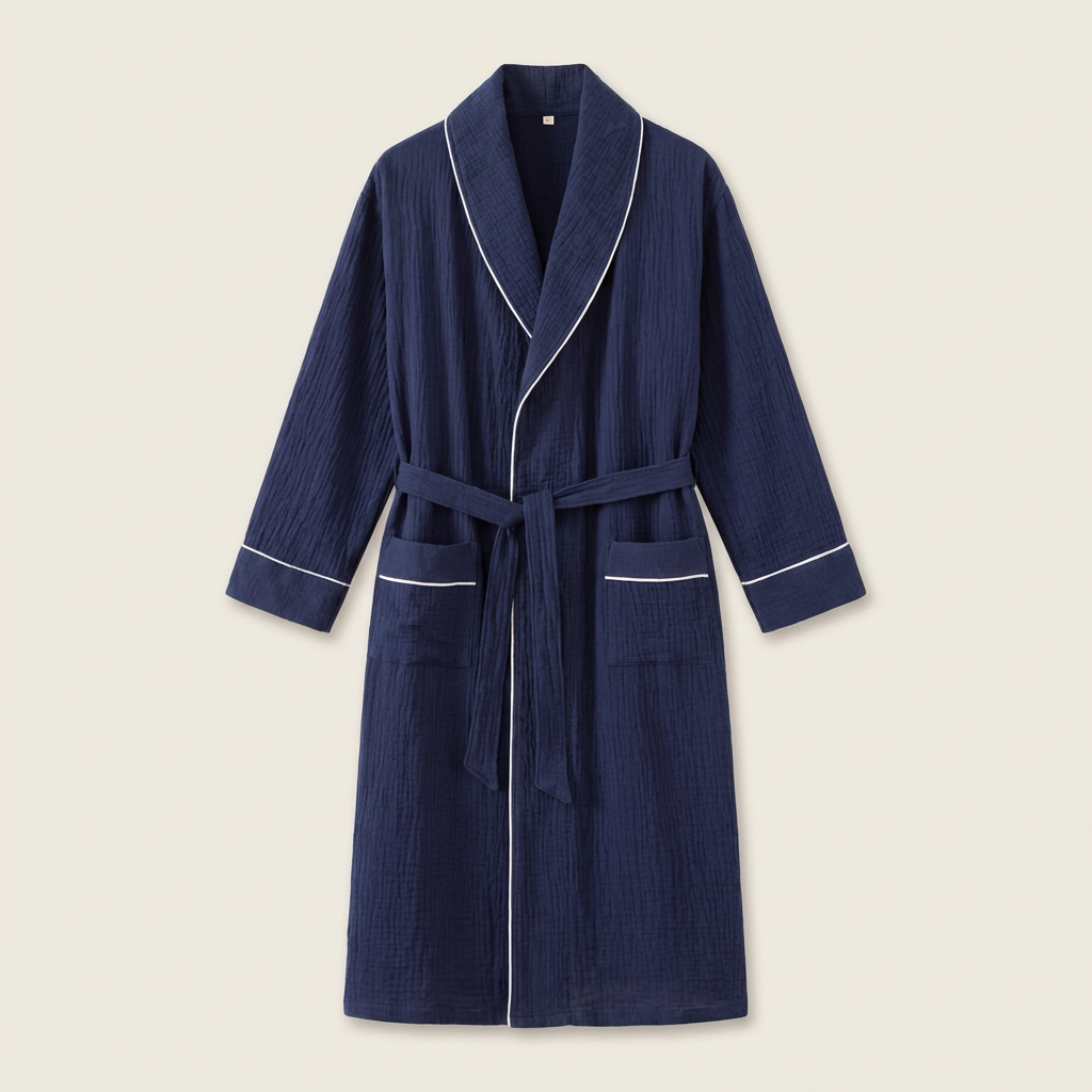 Peignoir Long en Coton Texturé Col Châle Finition Passepoil