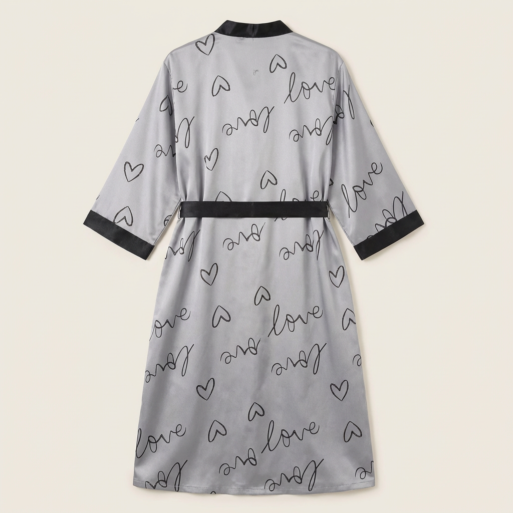 Peignoir Kimono Long Femme en Satin Imprimé Cœurs Grande Taille