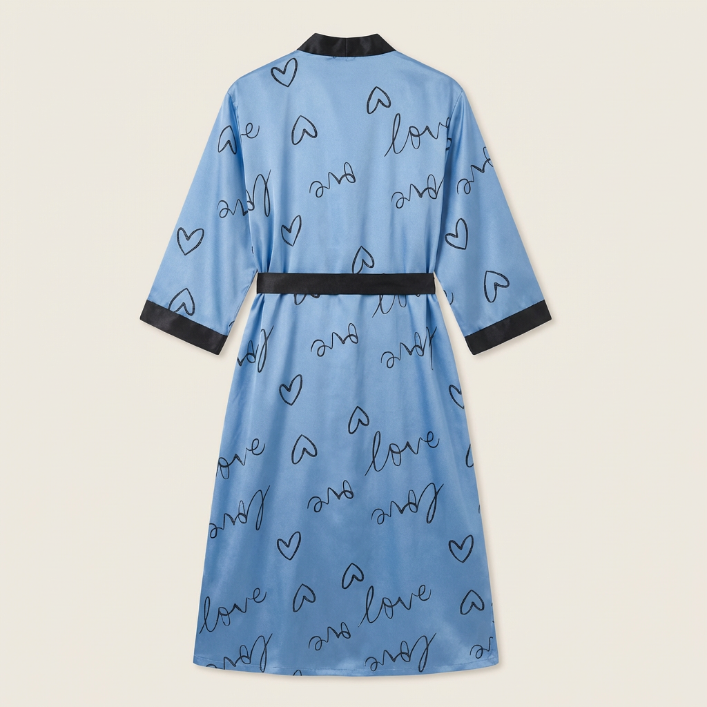 Peignoir Kimono Long Femme en Satin Imprimé Cœurs Grande Taille