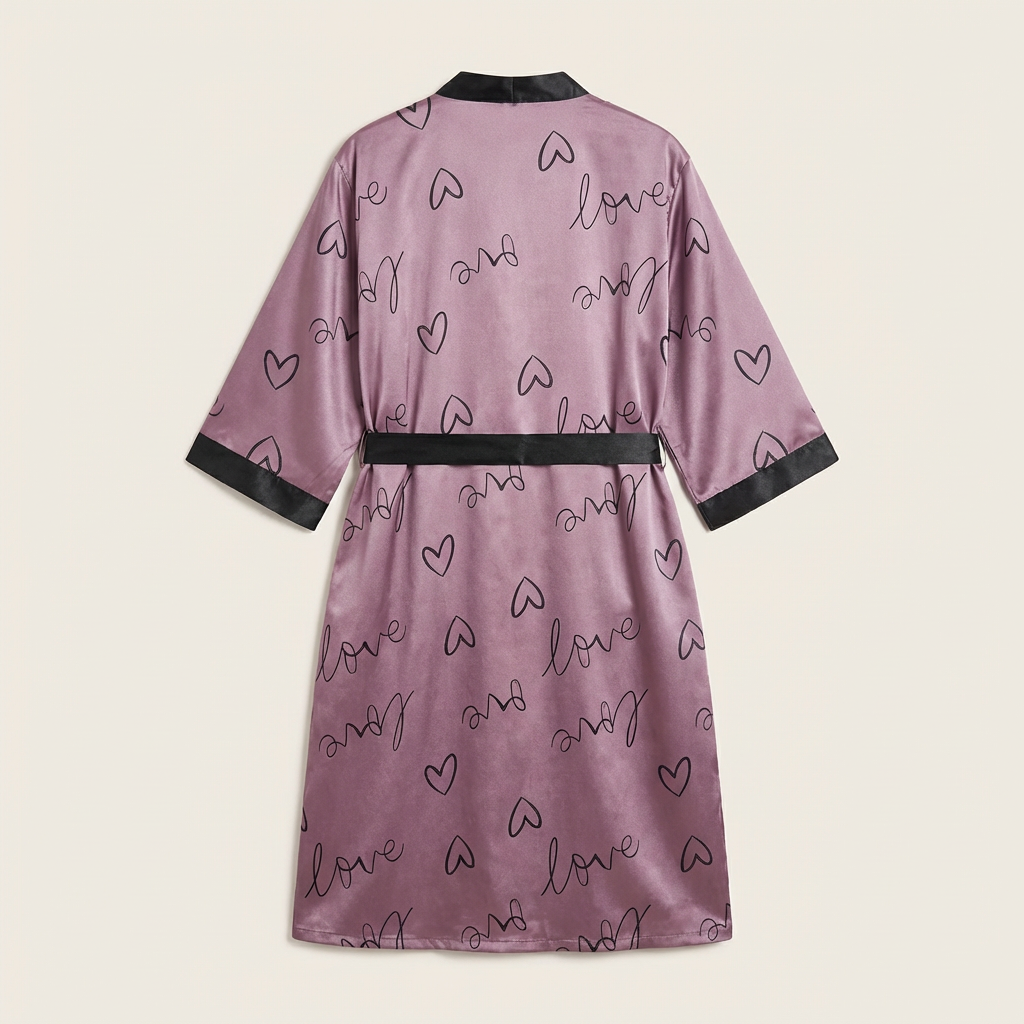 Peignoir Kimono Long Femme en Satin Imprimé Cœurs Grande Taille