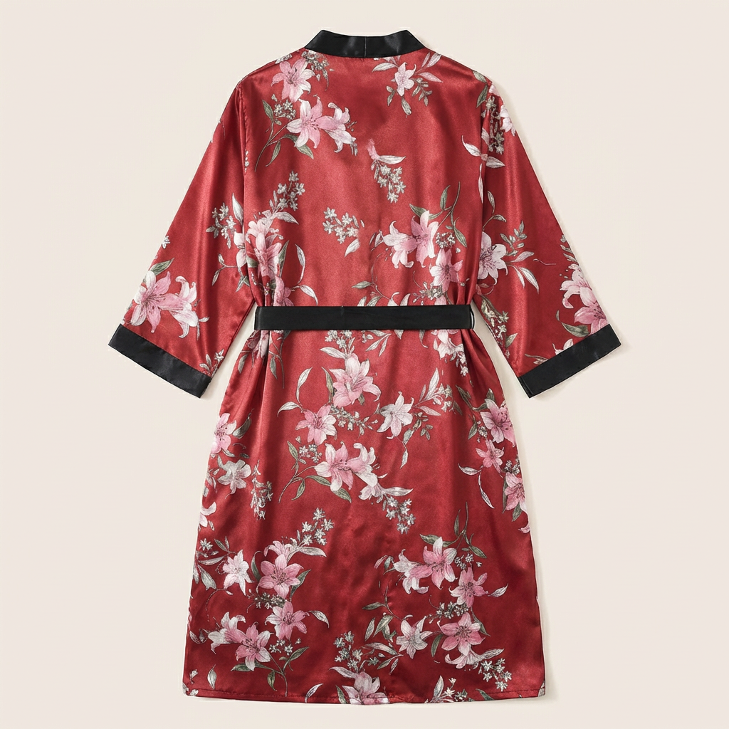 Peignoir Kimono Long Femme en Satin Imprimé Floral