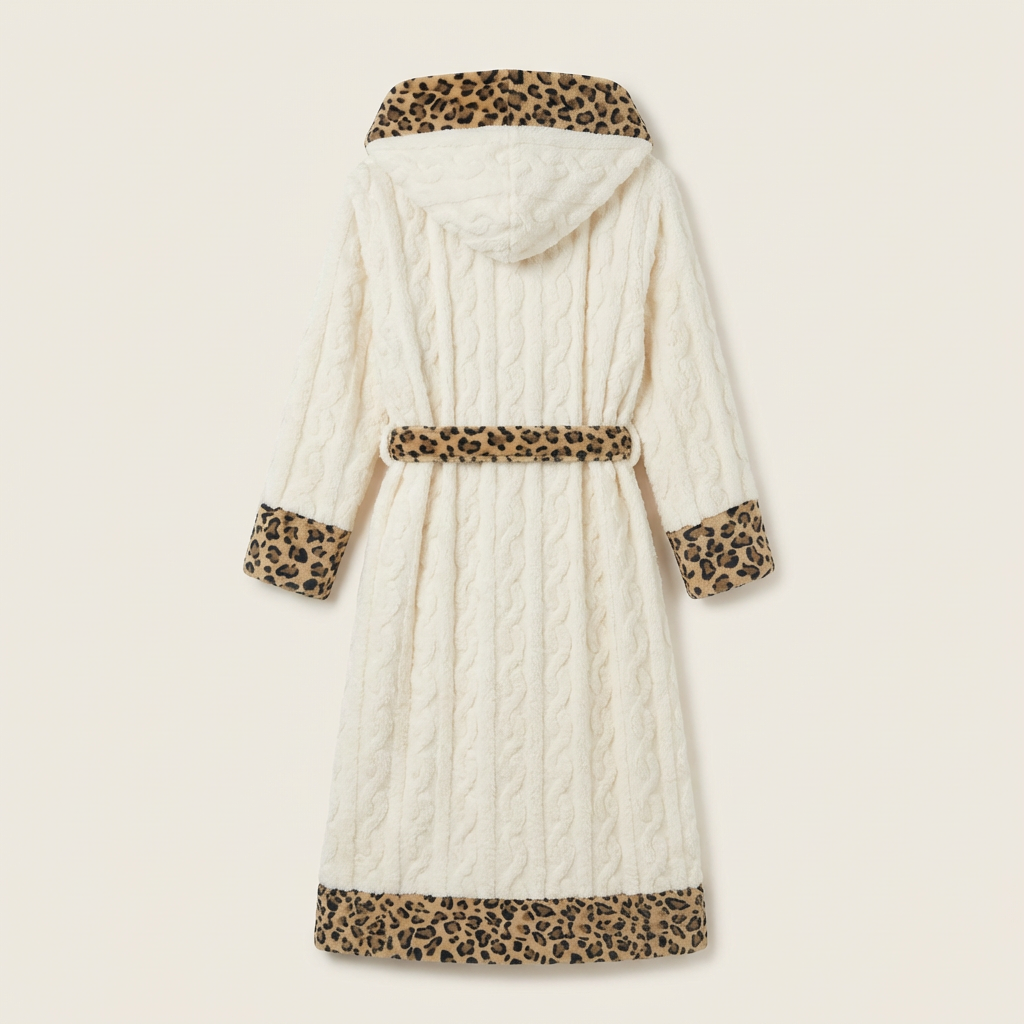 Peignoir Femme à Capuche Blanc Intérieur Léopard