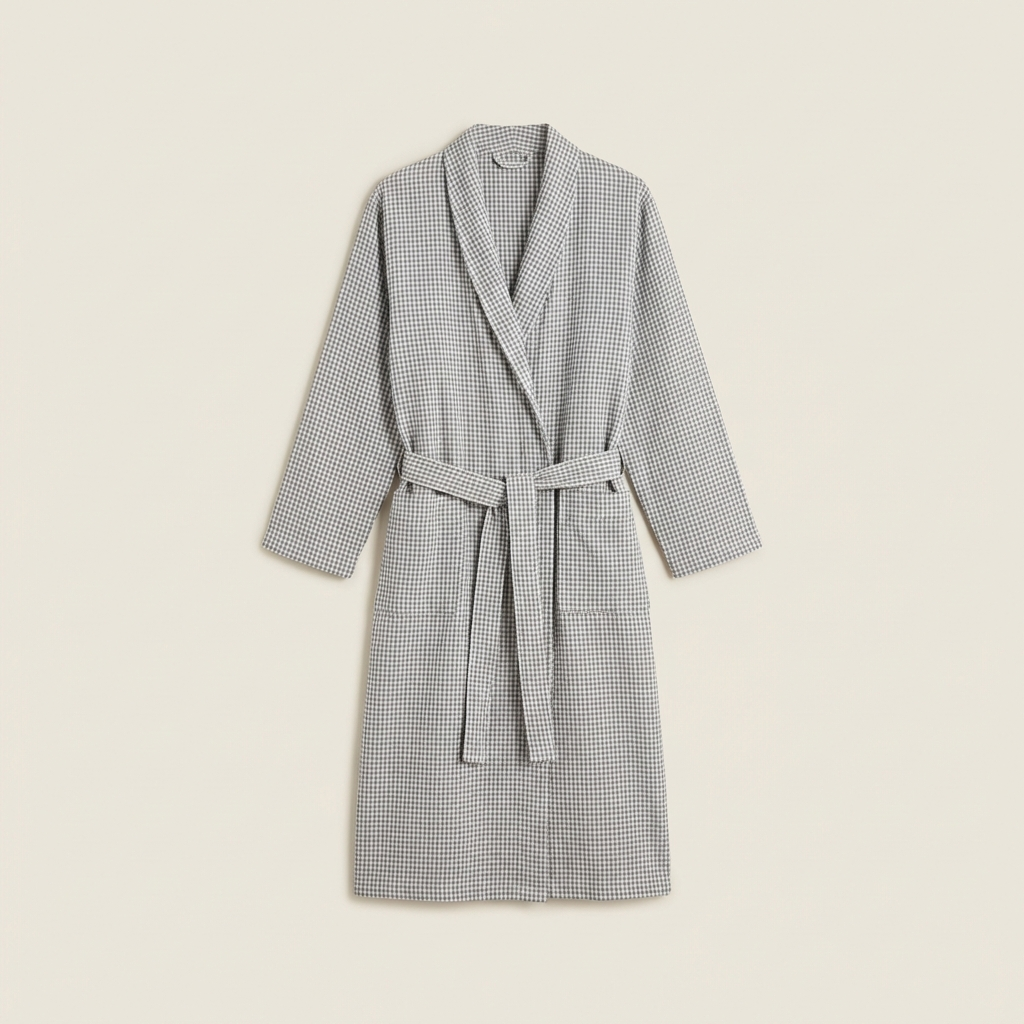 Peignoir Kimono en Gaze de Coton Petits Carreaux