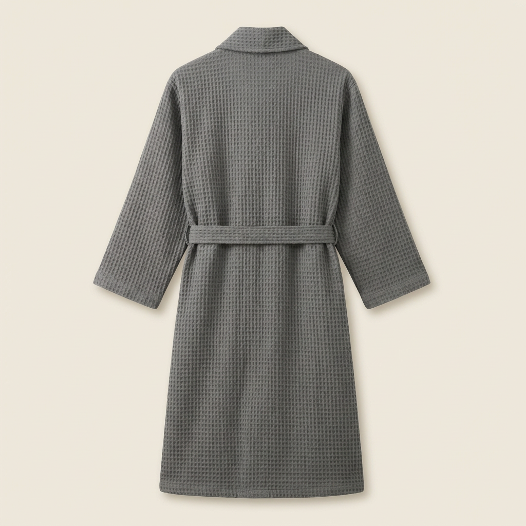 Peignoir Kimono Long en Coton Mélangé Nid d’Abeille Col Châle