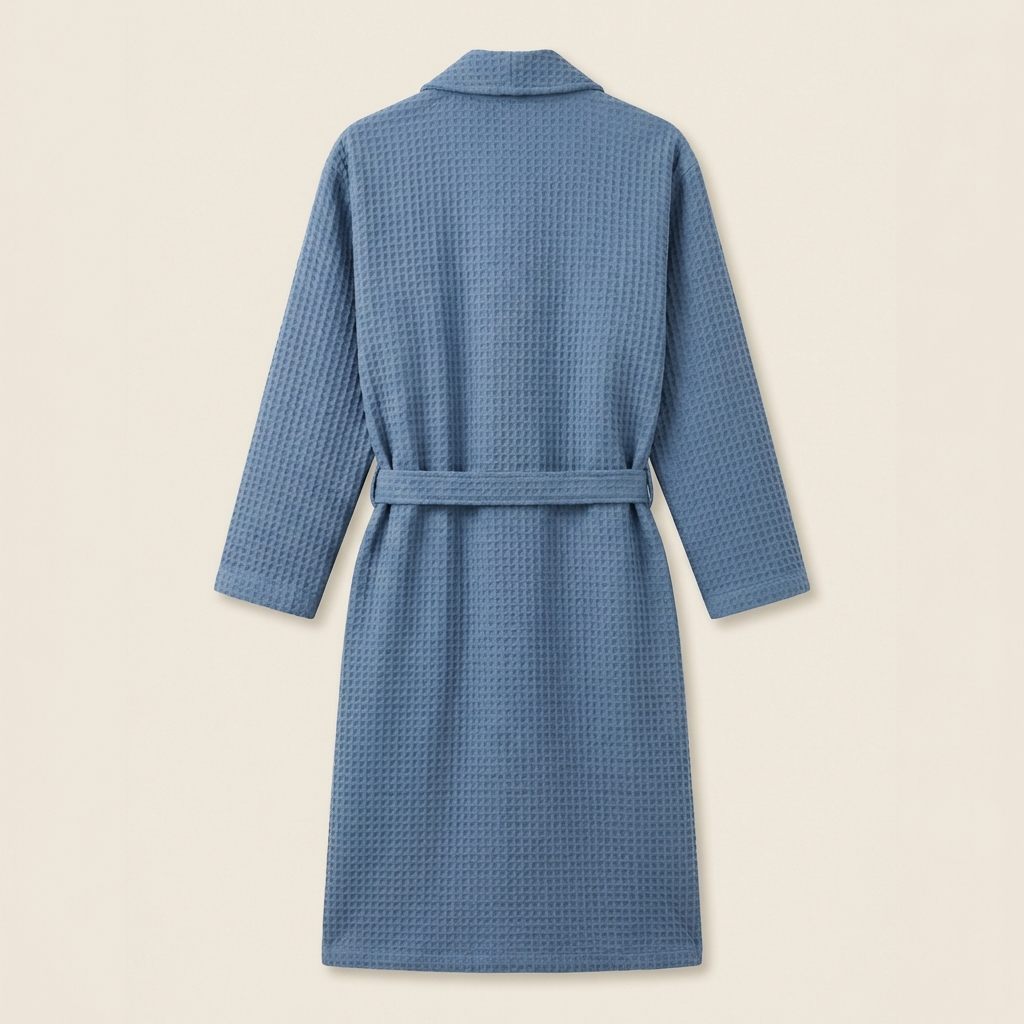 Peignoir Kimono Long en Coton Mélangé Nid d’Abeille Col Châle