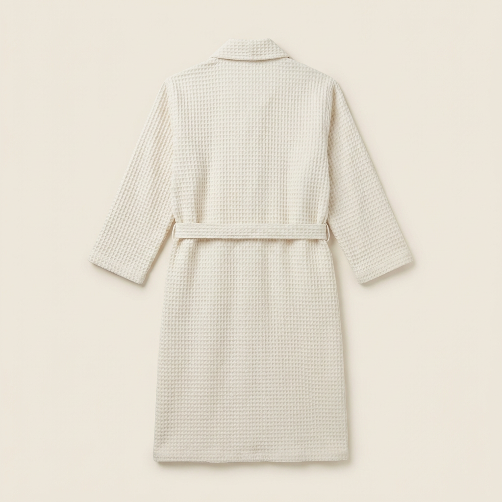 Peignoir Kimono Long en Coton Mélangé Nid d’Abeille Col Châle