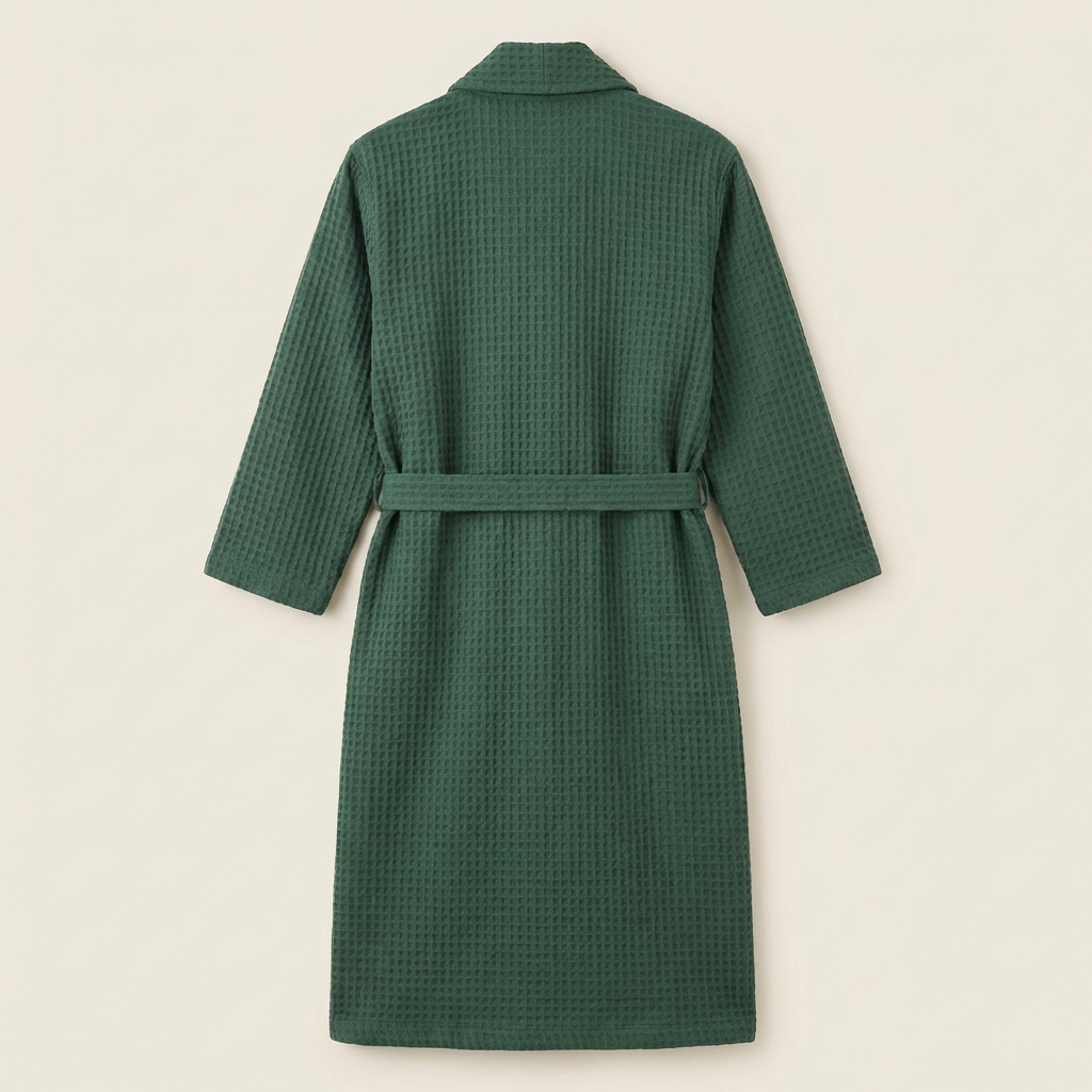 Peignoir Kimono Long en Coton Mélangé Nid d’Abeille Col Châle