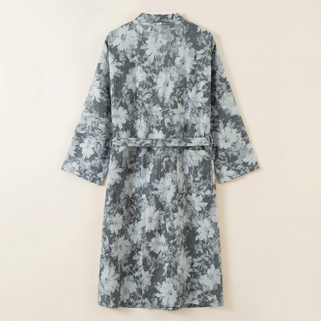 Peignoir Femme Coton Léger Motif Floral Coupe Kimono Mi-Long