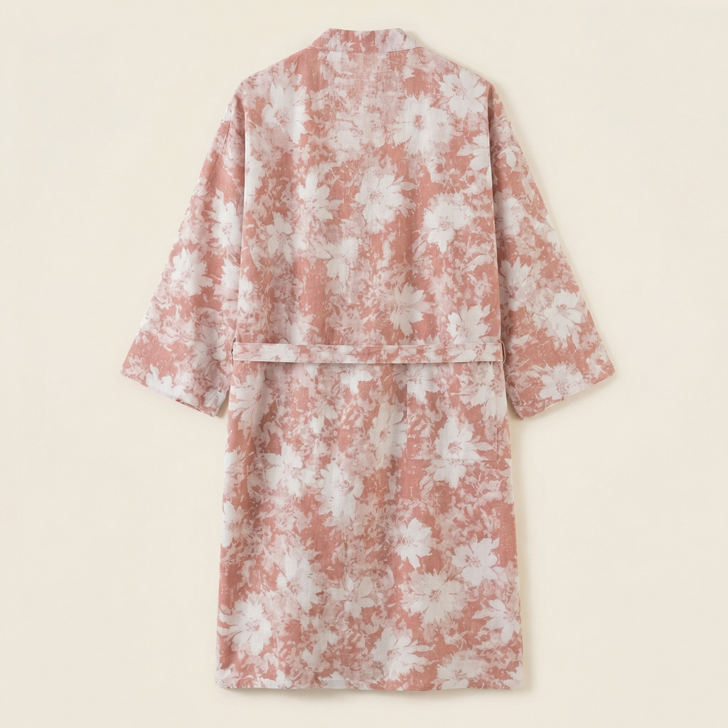 Peignoir Femme Coton Léger Motif Floral Coupe Kimono Mi-Long