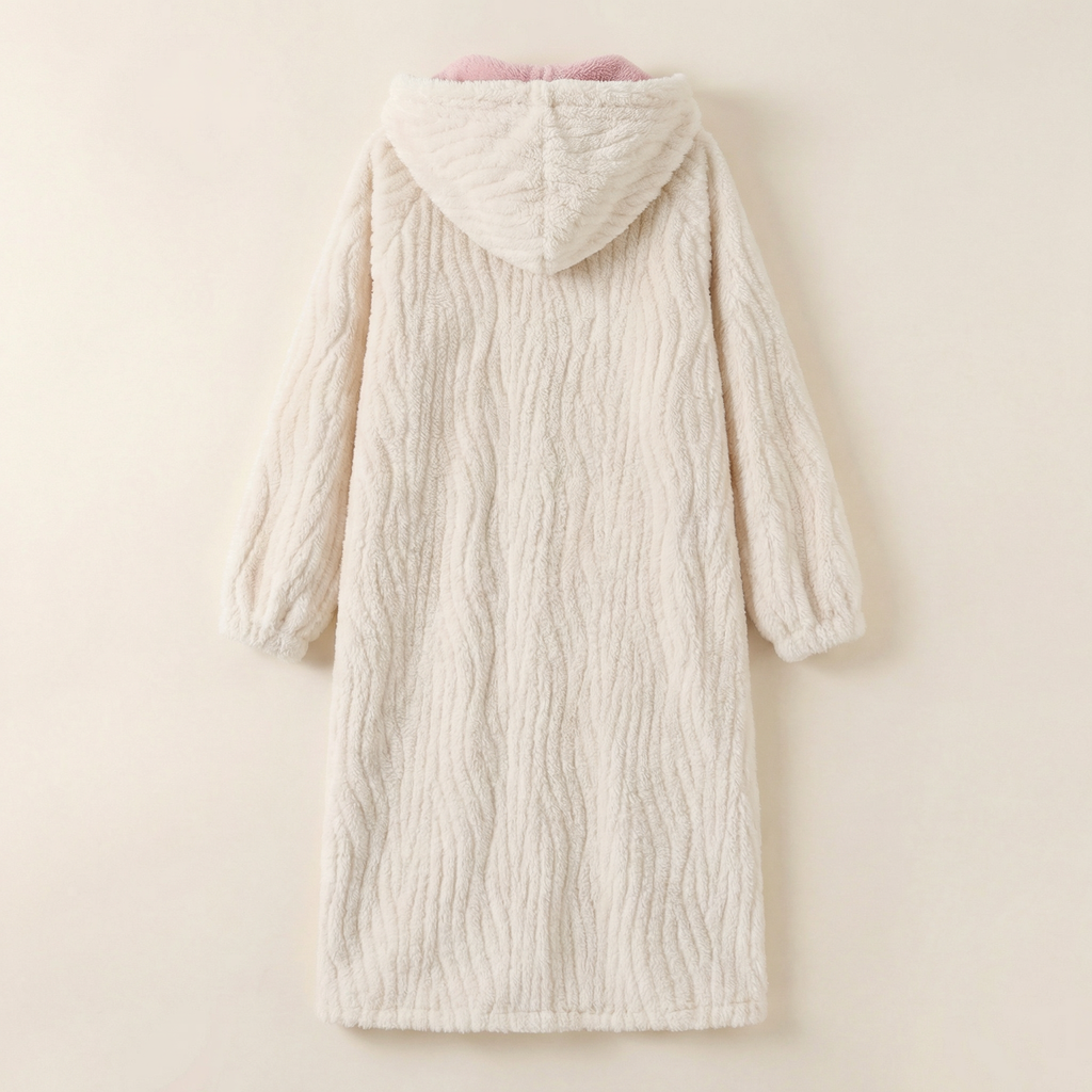 Peignoir Polaire Long À Capuche Boutonné Poches Patch Lapin