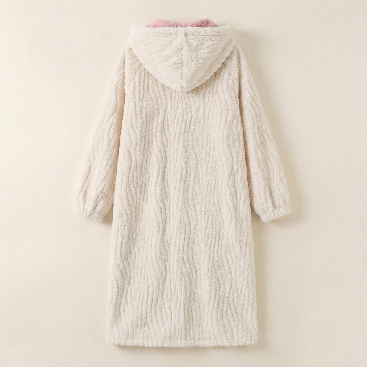 Peignoir Polaire Long À Capuche Boutonné Poches Patch Lapin