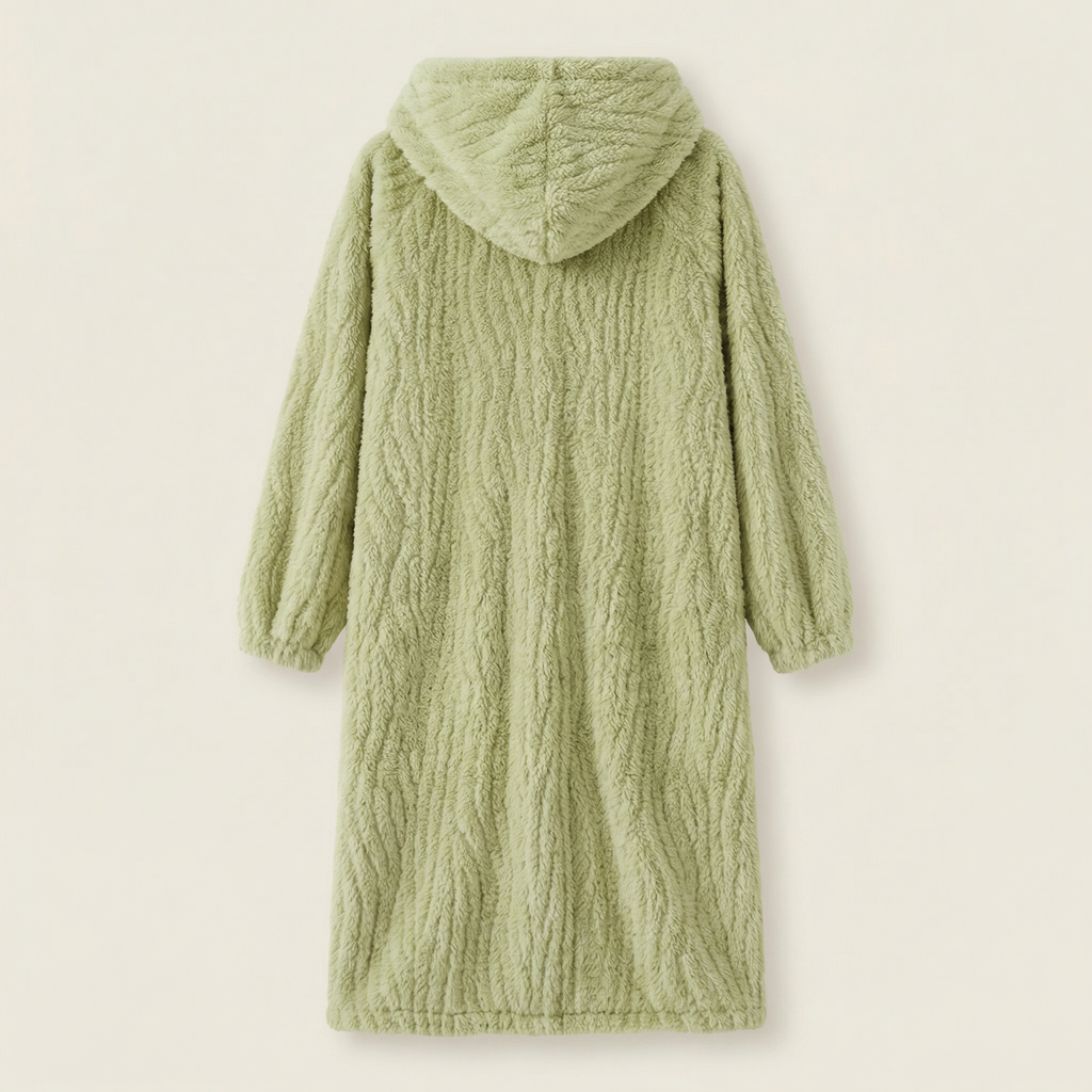 Peignoir Polaire Long À Capuche Boutonné Poches Patch Lapin