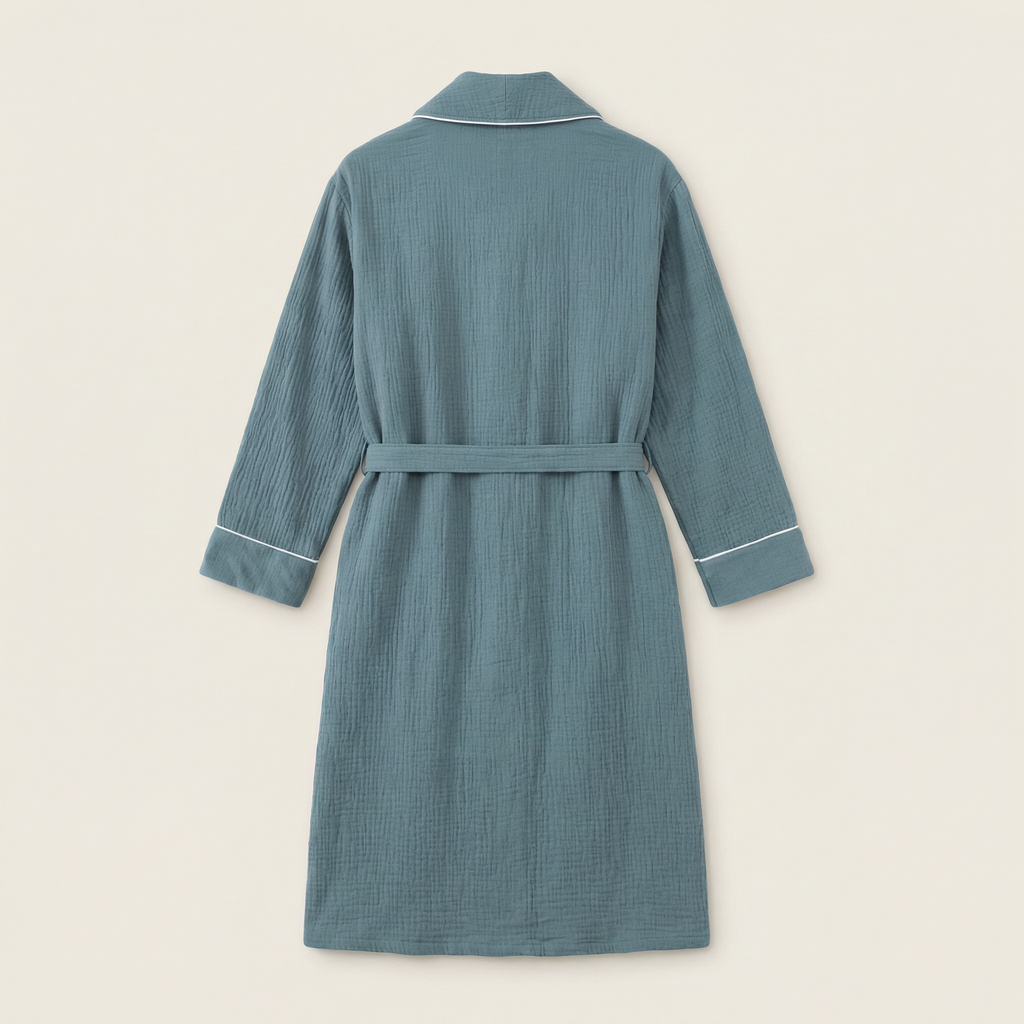 Peignoir Long en Coton Texturé Col Châle Finition Passepoil