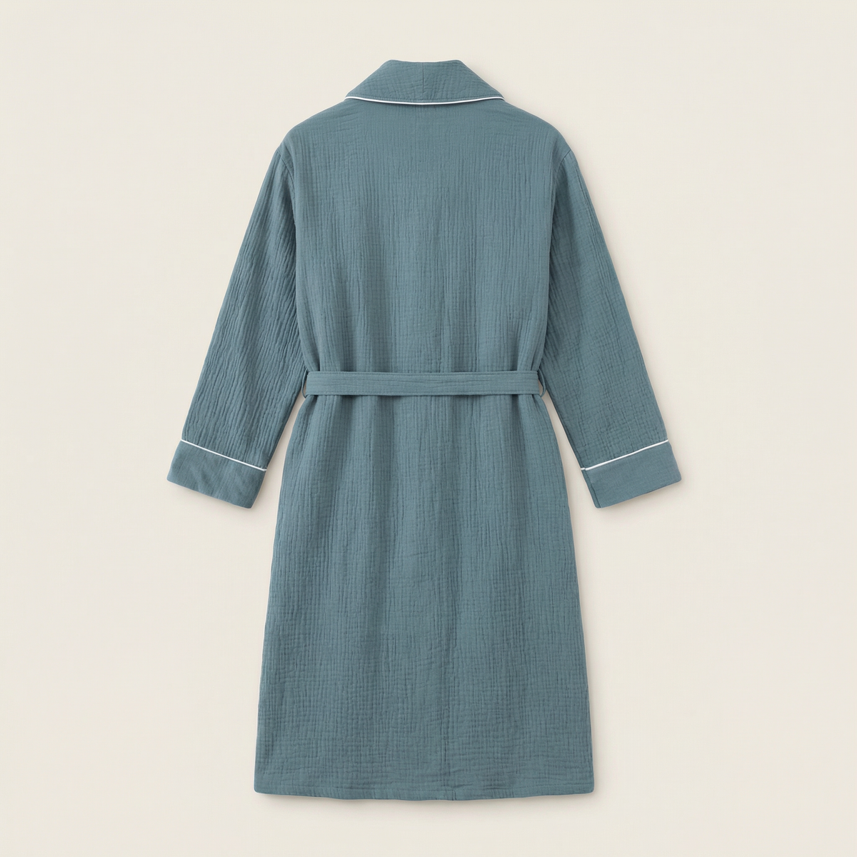 Peignoir Long en Coton Texturé Col Châle Finition Passepoil