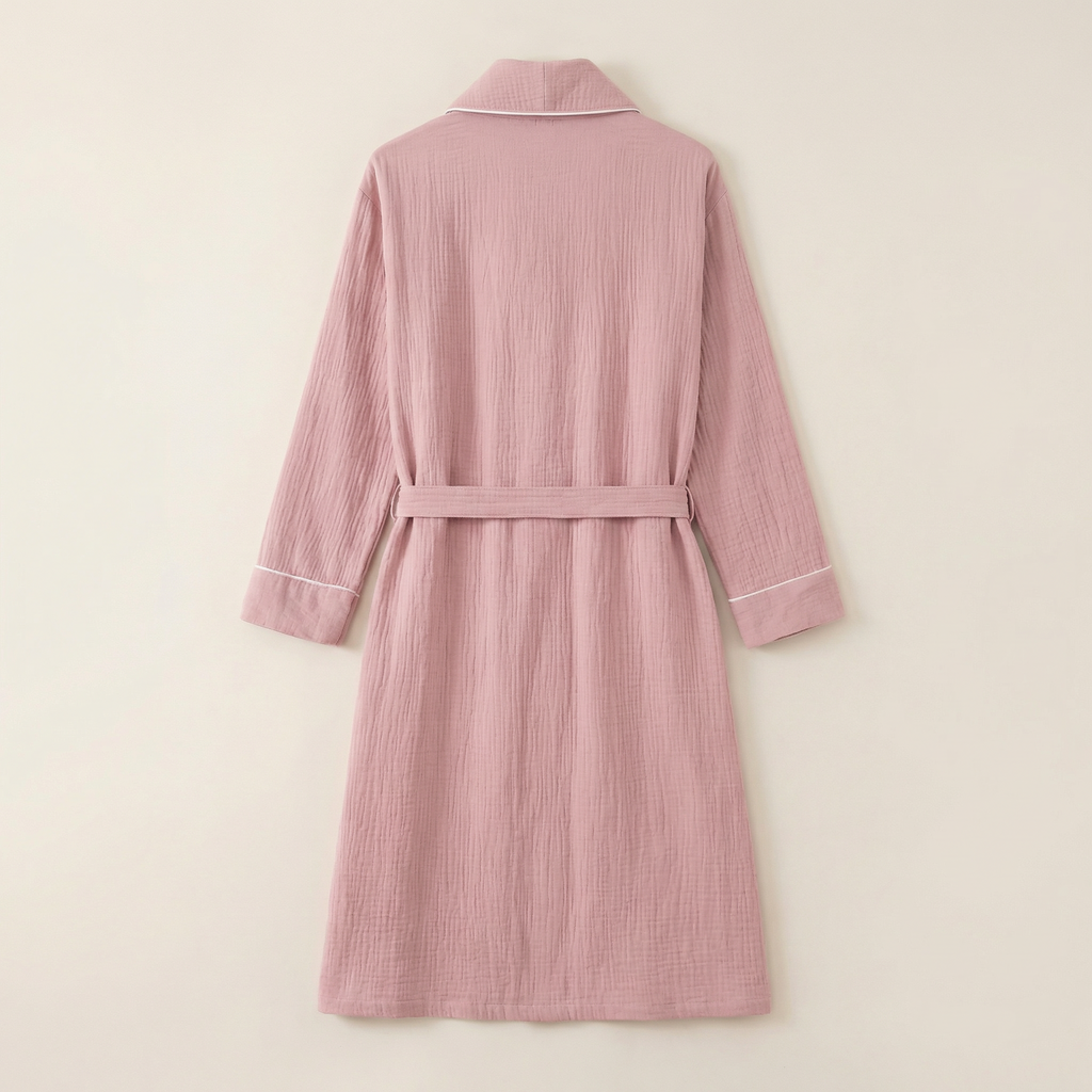Peignoir Long en Coton Texturé Col Châle Finition Passepoil
