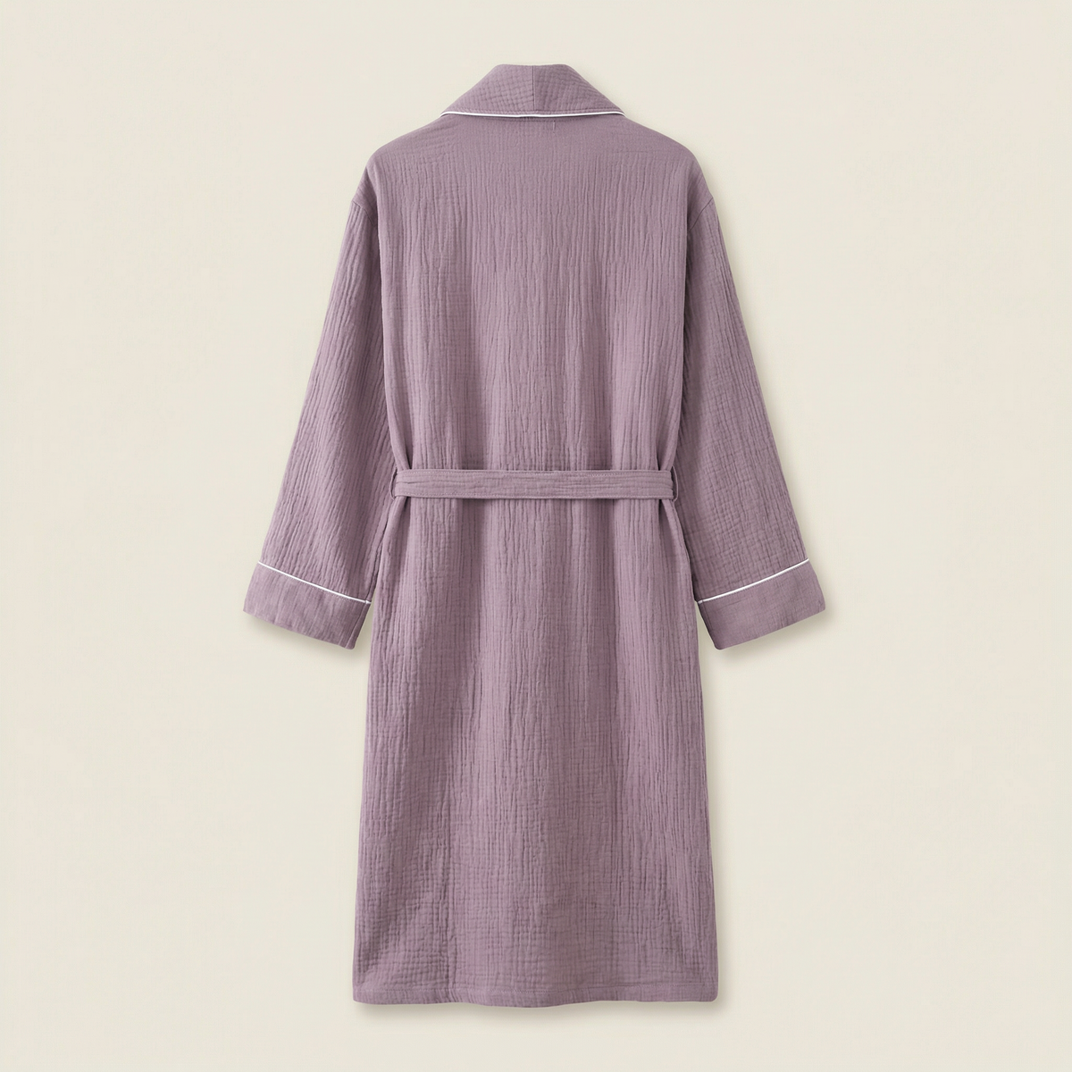 Peignoir Long en Coton Texturé Col Châle Finition Passepoil
