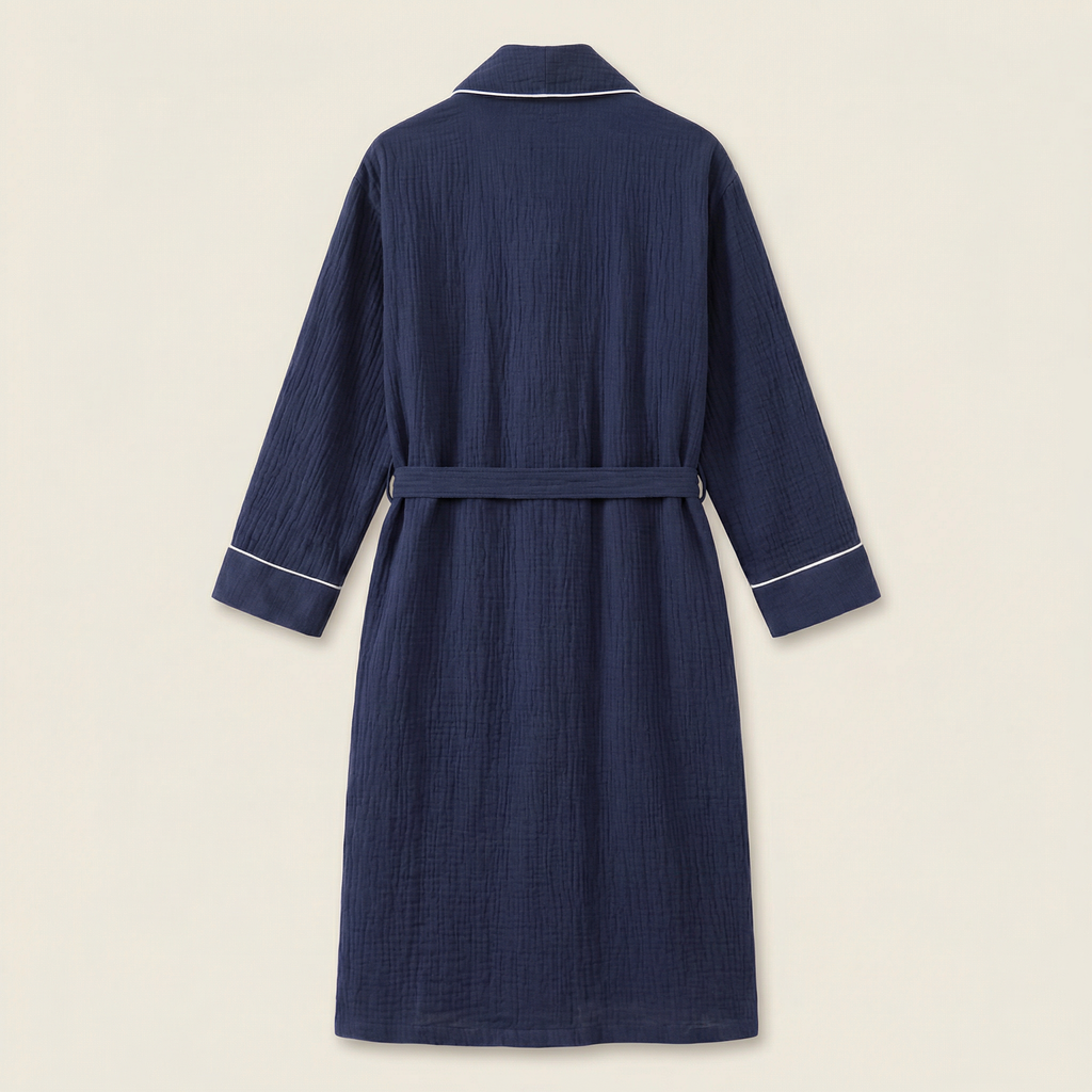 Peignoir Long en Coton Texturé Col Châle Finition Passepoil