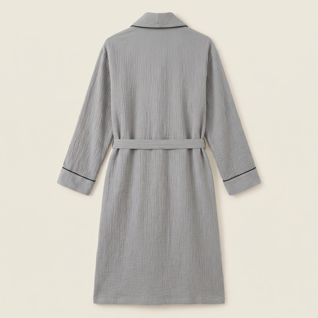 Peignoir Long en Coton Texturé Col Châle Finition Passepoil