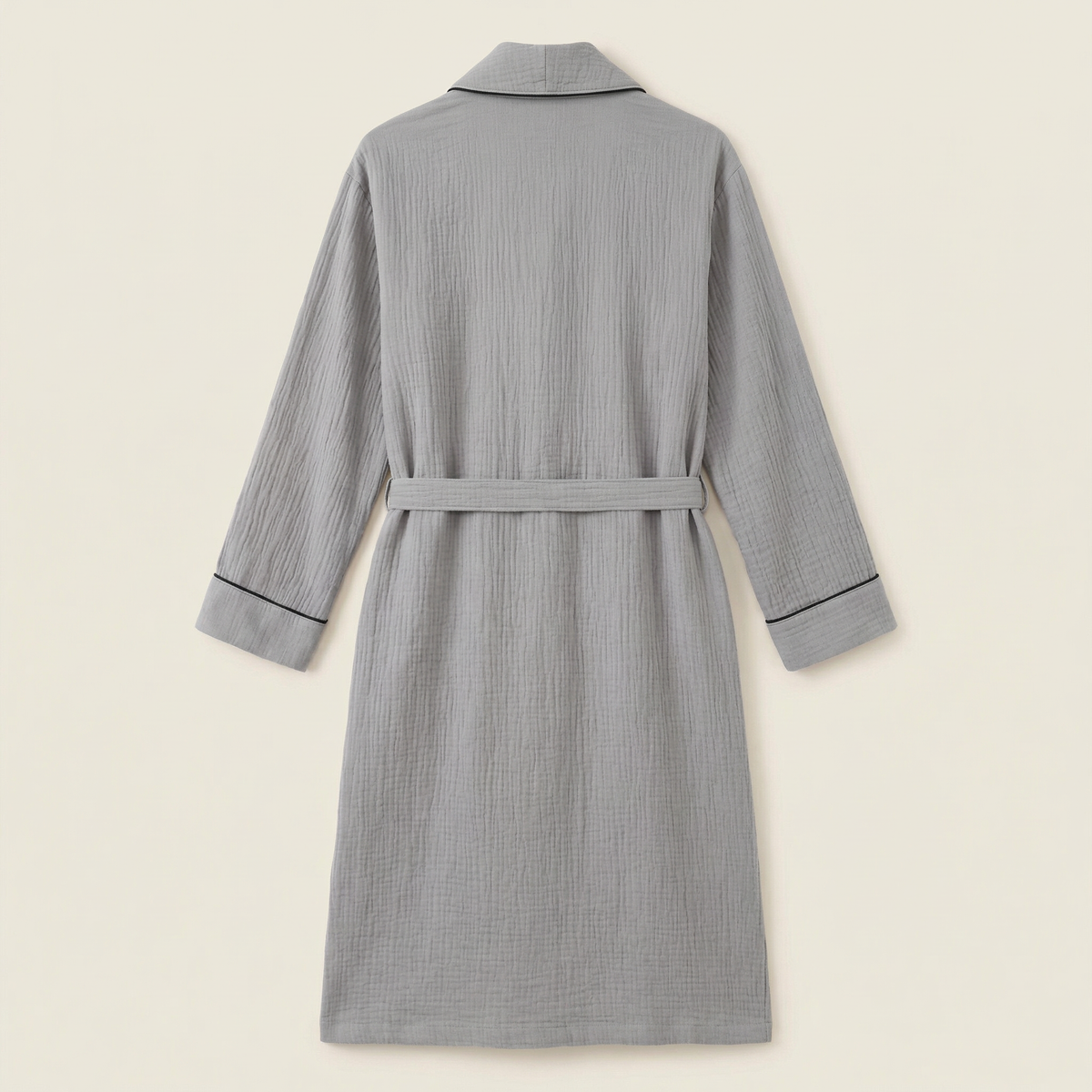 Peignoir Long en Coton Texturé Col Châle Finition Passepoil