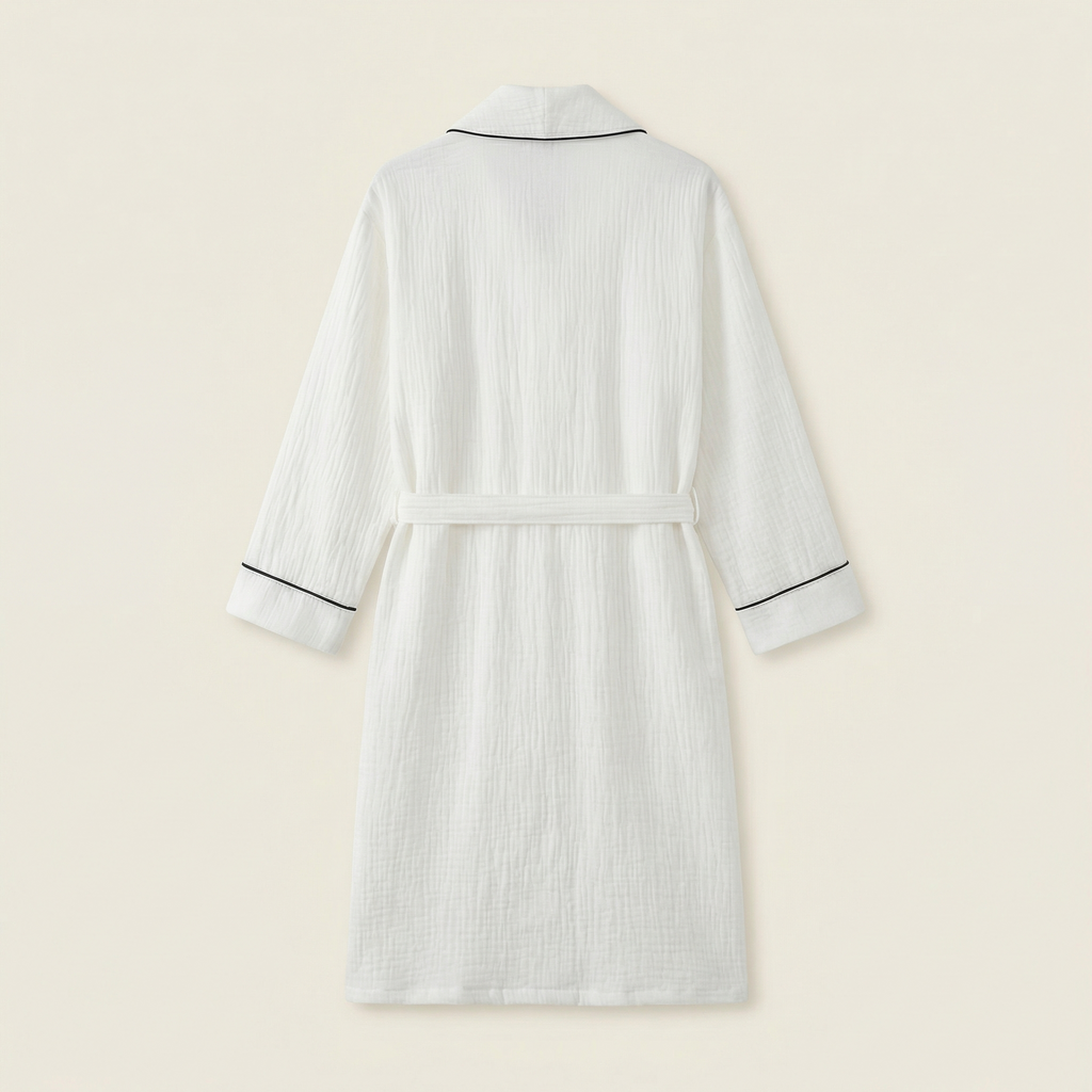 Peignoir Long en Coton Texturé Col Châle Finition Passepoil