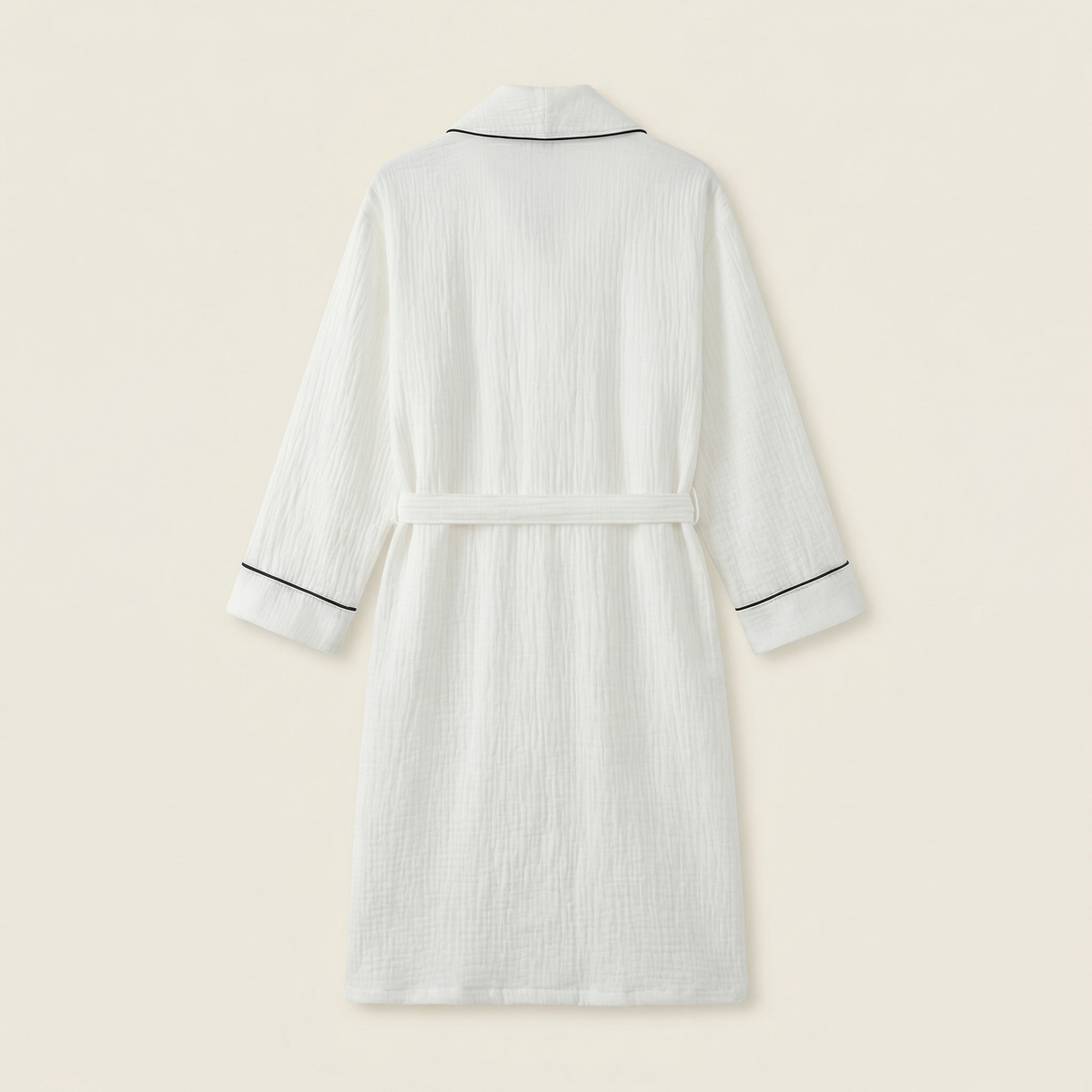 Peignoir Long en Coton Texturé Col Châle Finition Passepoil