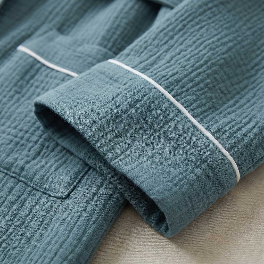 Peignoir Long en Coton Texturé Col Châle Finition Passepoil