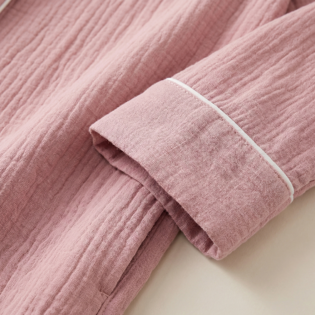 Peignoir Long en Coton Texturé Col Châle Finition Passepoil