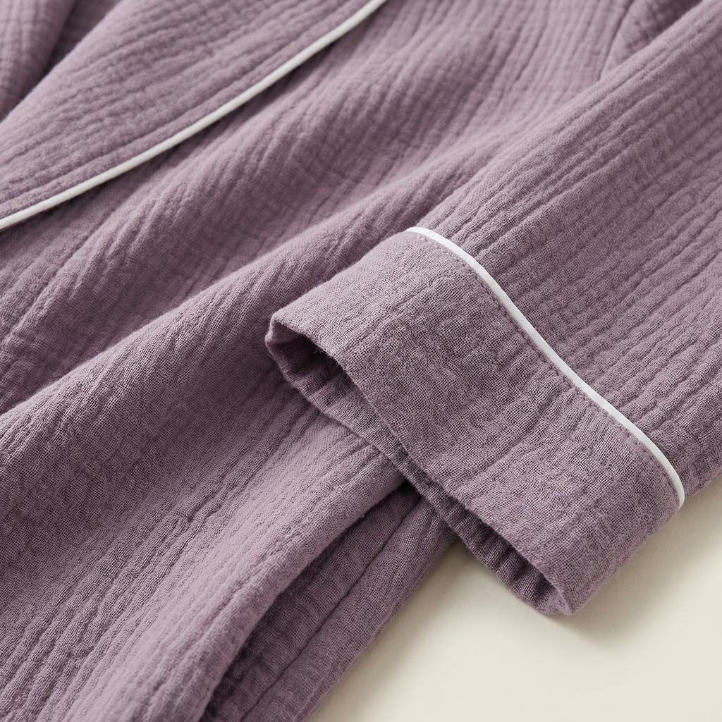 Peignoir Long en Coton Texturé Col Châle Finition Passepoil