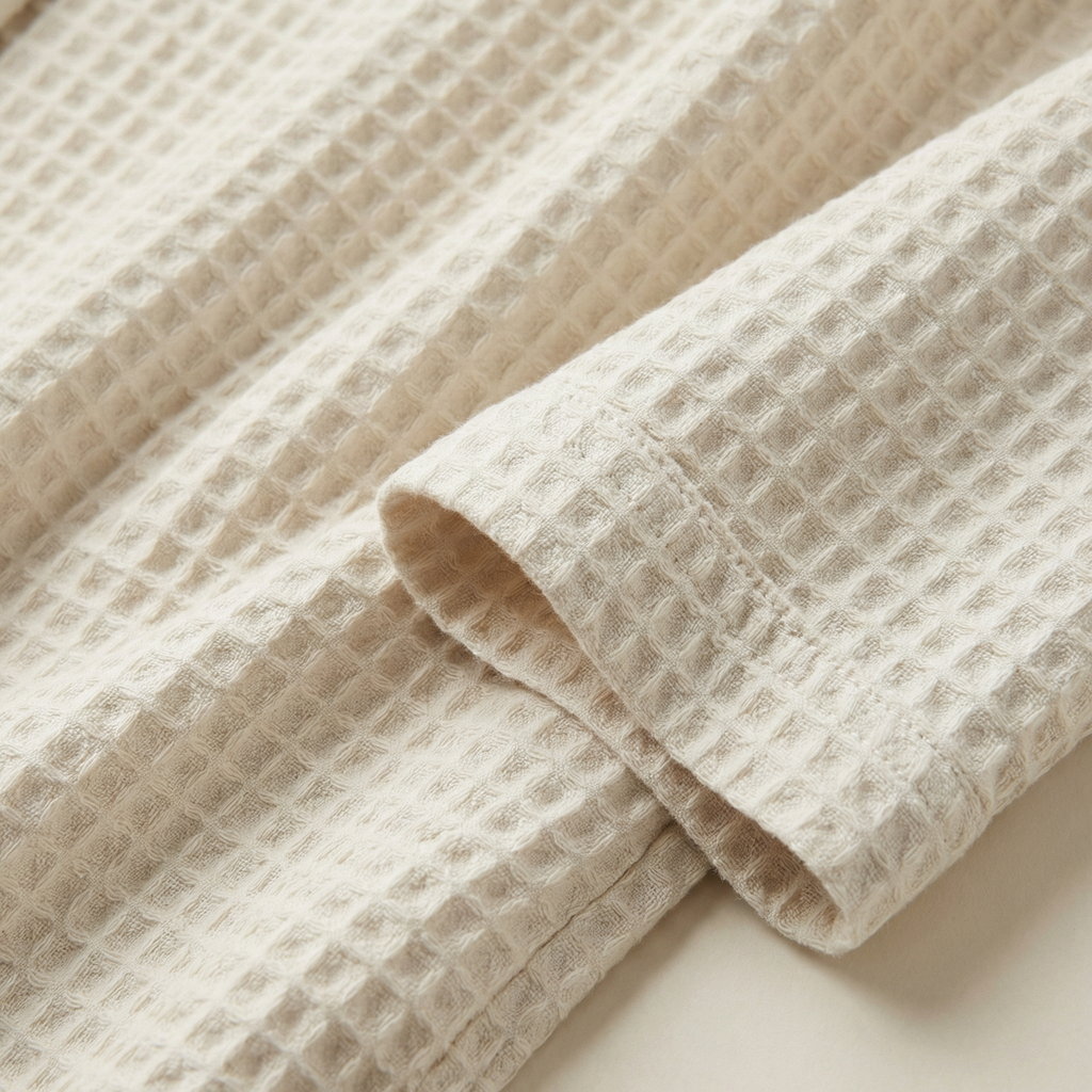 Peignoir Kimono Long en Coton Mélangé Nid d’Abeille Col Châle