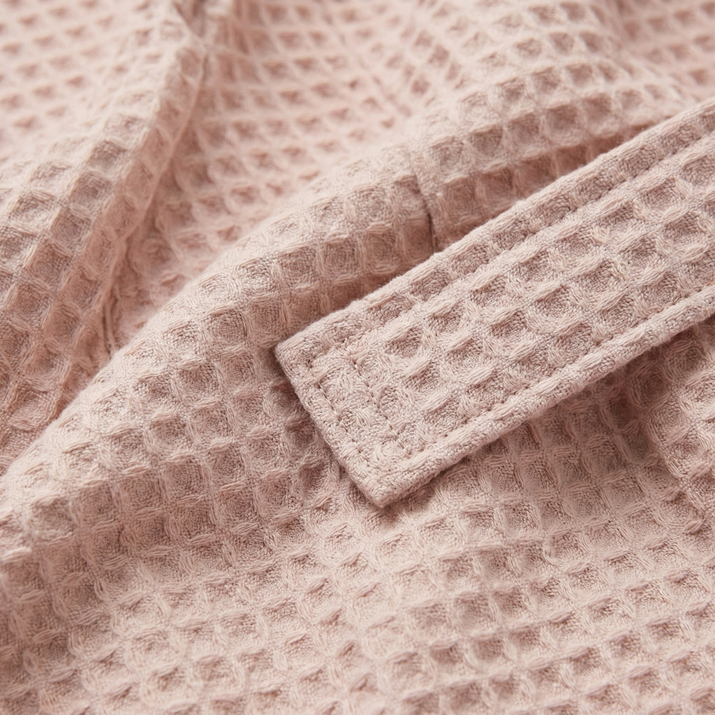 Peignoir Kimono Long en Coton Mélangé Nid d’Abeille Col Châle