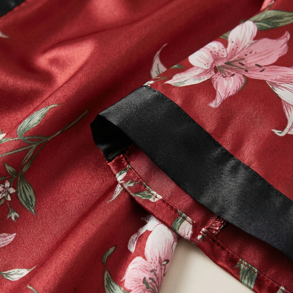 Peignoir Kimono Long Femme en Satin Imprimé Floral