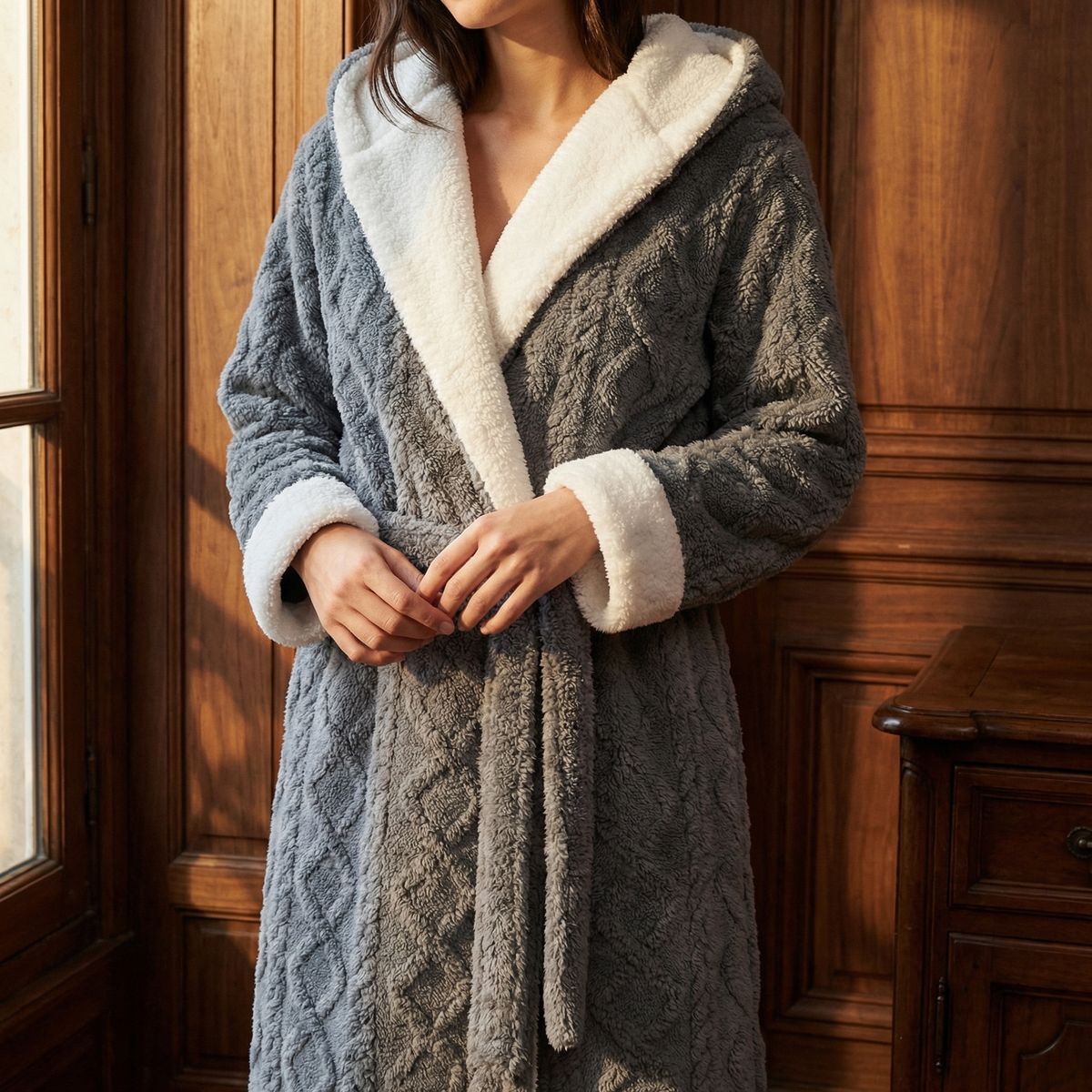 Peignoir Plaid Femme à Capuche Ultra-Long