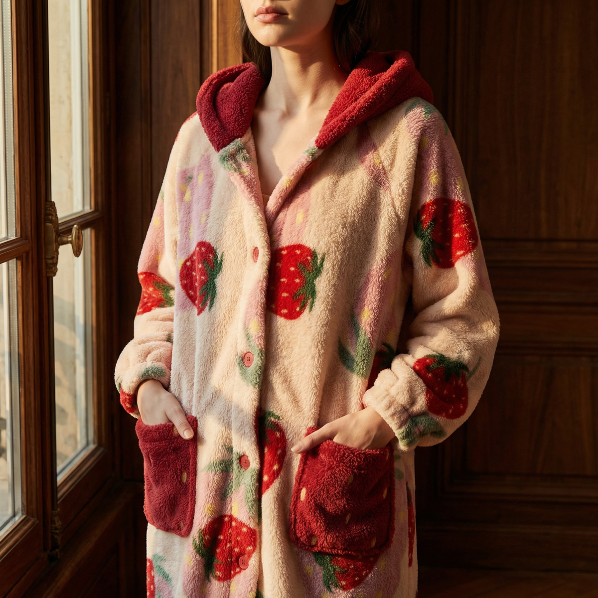 Peignoir Plaid Femme Brodé Fraise