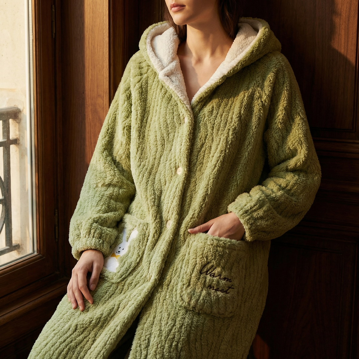 Peignoir Polaire Long À Capuche Boutonné Poches Patch Lapin